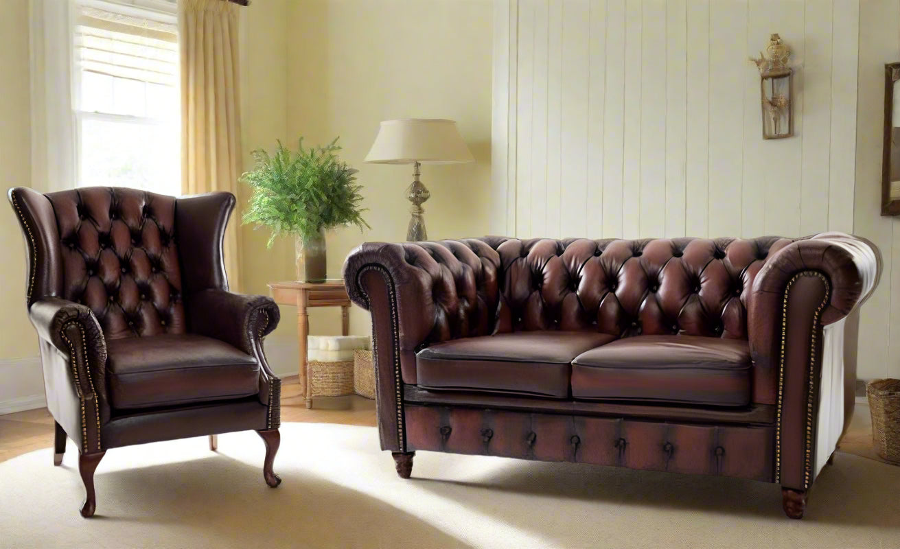 Chesterfield Leather 2 Seater + Wing Chair - Oxblood Red