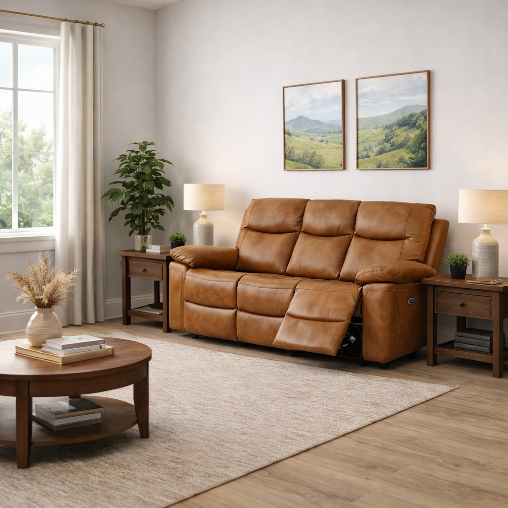 Lucia Leather 3 Seater Power Recliner In Tan Available to buy at Sofa Emporium Retford