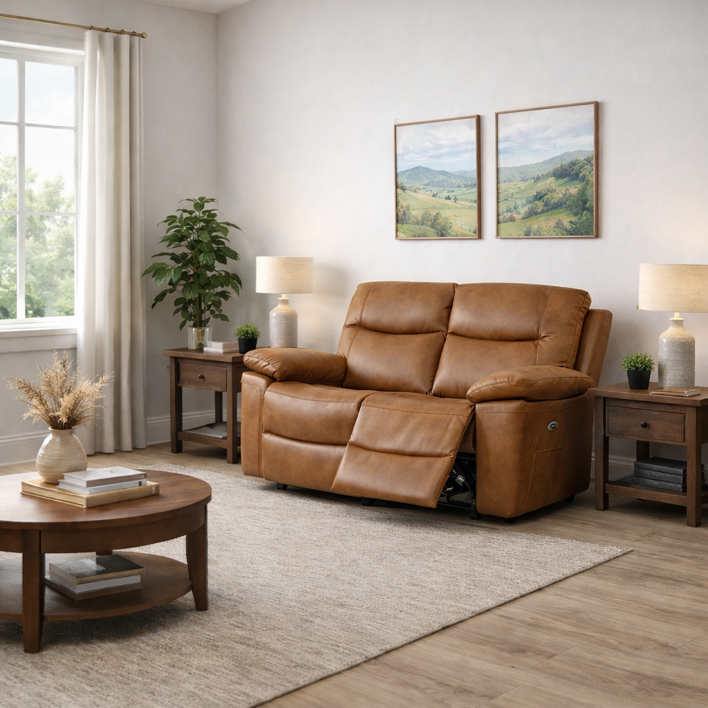 Lucia Leather 2 Seater Power Recliner In Tan at sofa emporium Retford
