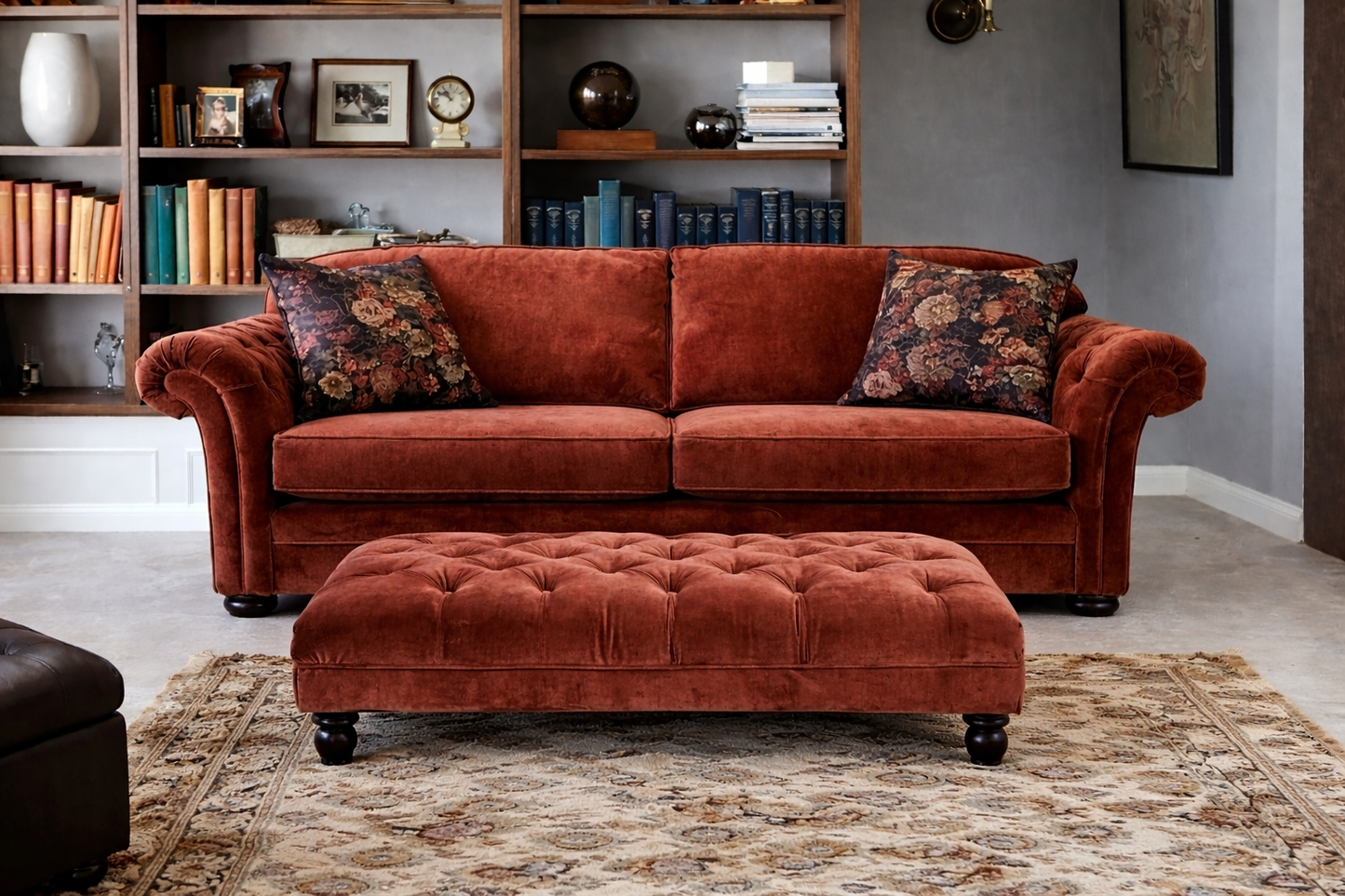 Victoria 4 Seater + Button Footstool Set In Red (Derwent Rust) Shop now at Sofa Emporium Retford