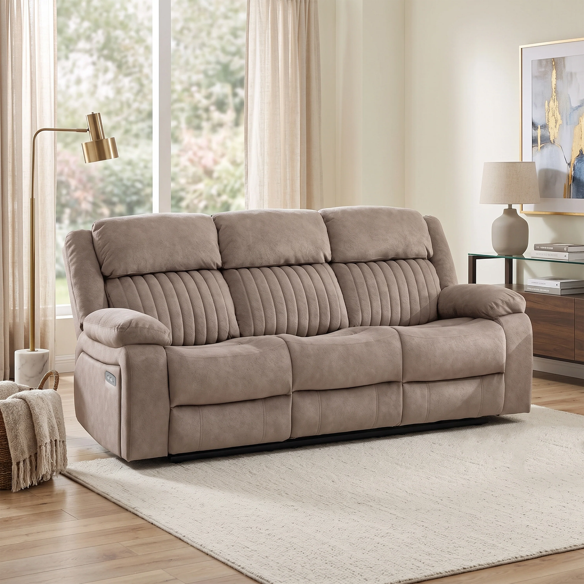 Morgan Fabric 3 Seater Electric Recliner In Taupe
