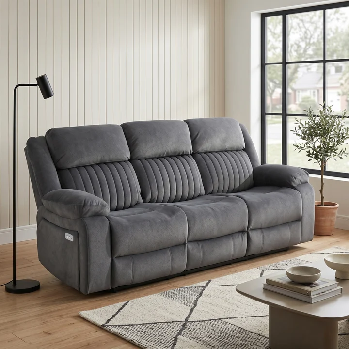 Morgan Fabric 3 Seater Electric Recliner Armchair In Grey
