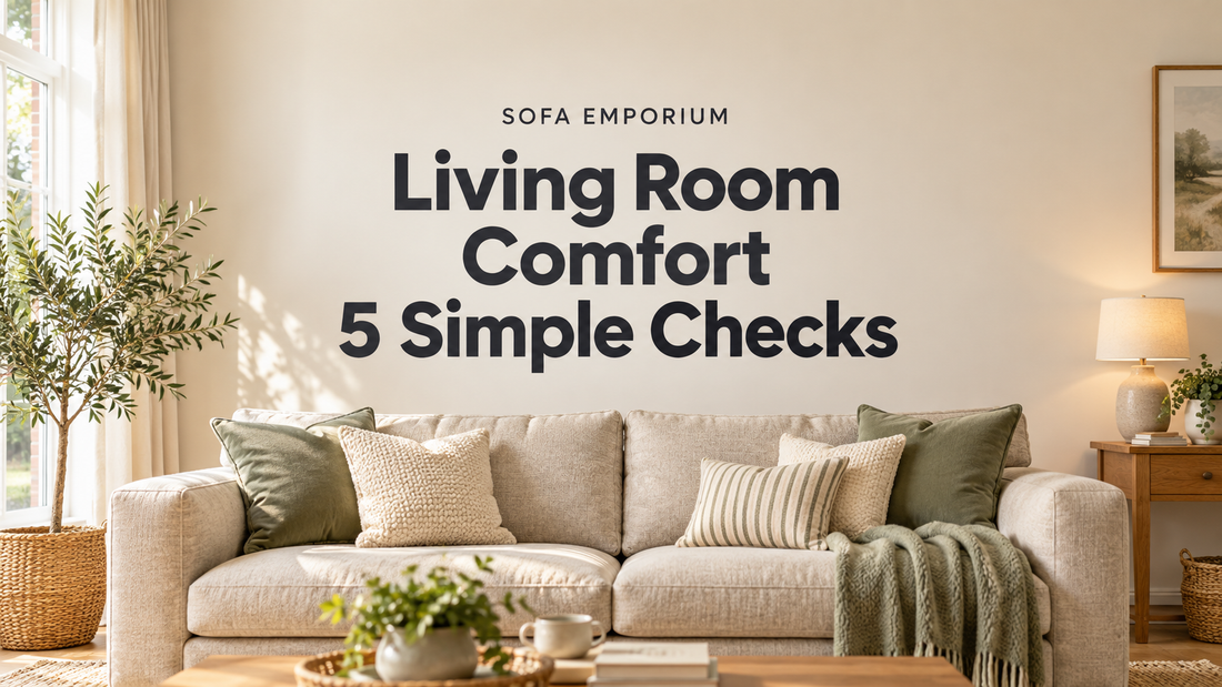 Beige sofa with sage cushions in a bright living room, beneath the centred heading “Living Room Comfort: 5 Simple Checks”.