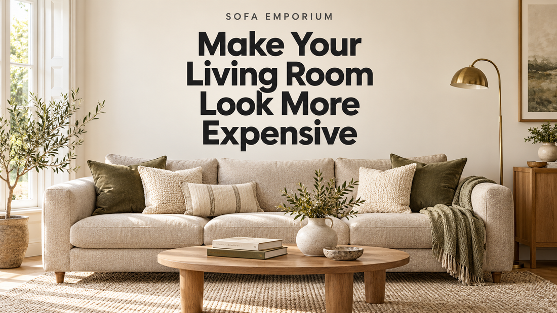 Beige sofa with olive cushions, an oak coffee table and brass lamp beneath the centred heading “Make Your Living Room Look More Expensive”.