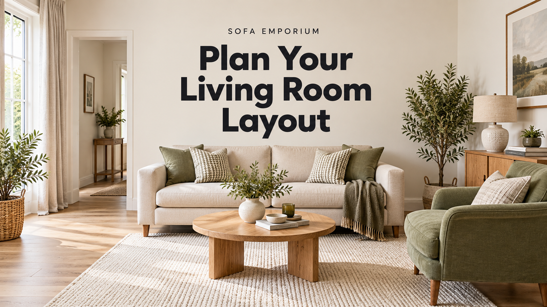 Beige sofa and green armchair arranged around an oak coffee table, beneath the centred heading “Plan Your Living Room Layout”.