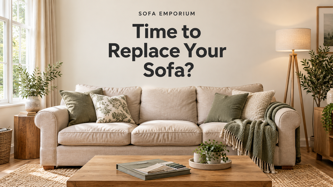 Beige sofa with green cushions and fabric samples on an oak coffee table, beneath the centred heading “Time to Replace Your Sofa?”