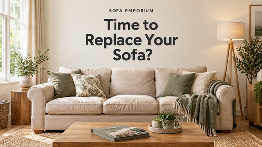 Beige sofa with green cushions and fabric samples on an oak coffee table, beneath the centred heading “Time to Replace Your Sofa?”