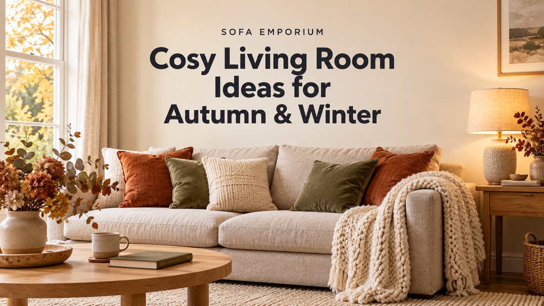 Beige sofa with rust and olive cushions, a knitted throw and warm lamplight beneath the centred heading “Cosy Living Room Ideas for Autumn & Winter”.