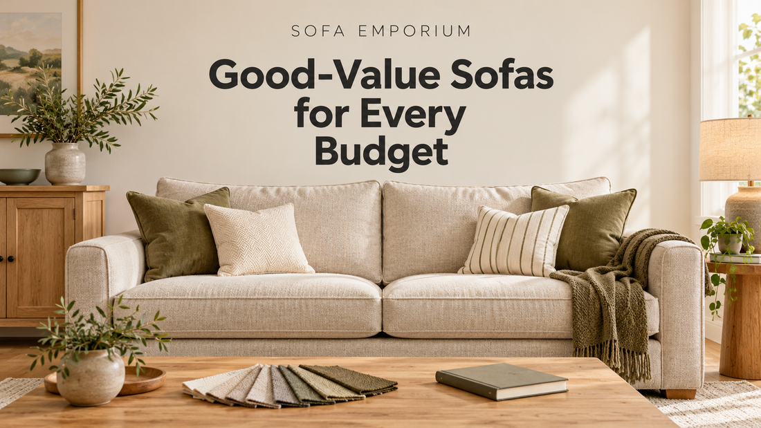 Beige sofa with olive cushions and fabric swatches on an oak coffee table, beneath the centred heading “Good-Value Sofas for Every Budget”