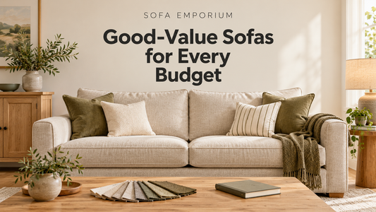 Beige sofa with olive cushions and fabric swatches on an oak coffee table, beneath the centred heading “Good-Value Sofas for Every Budget”