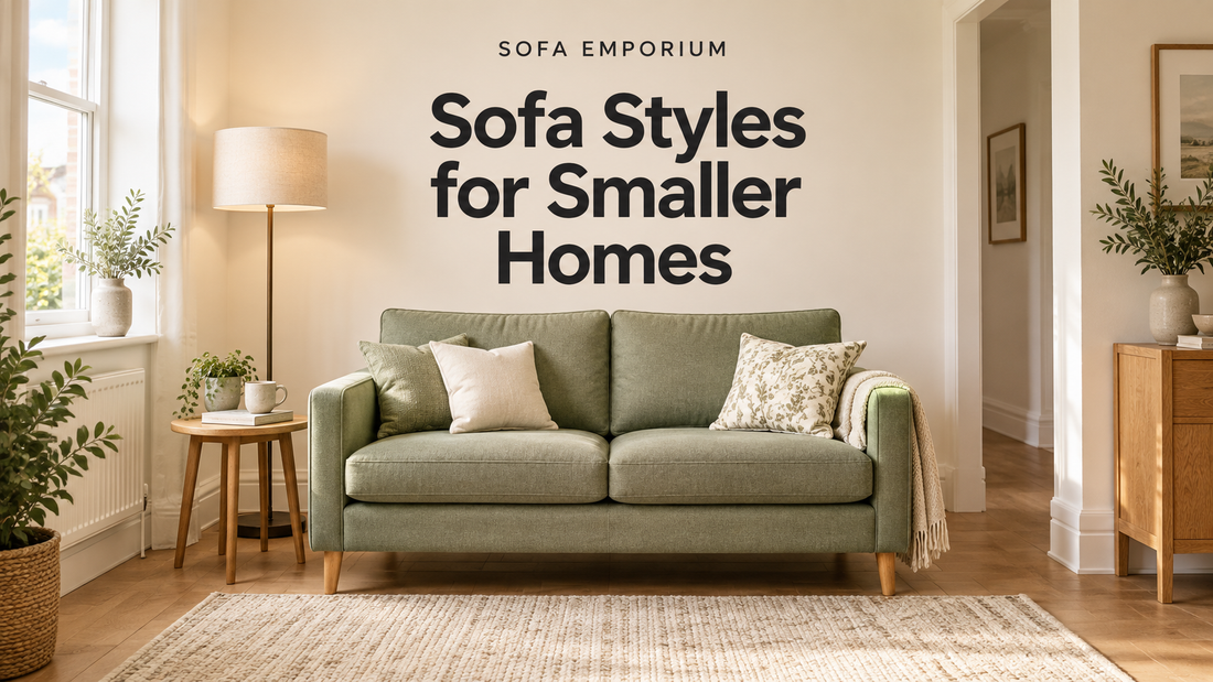 Compact sage green sofa with slim arms and wooden legs in a bright living room, beneath the centred heading “Sofa Styles for Smaller Homes”.