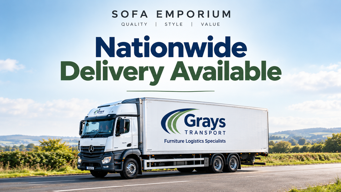 “Sofa Emporium nationwide delivery available, featuring a Grays Transport furniture delivery lorry travelling through the English countryside.”