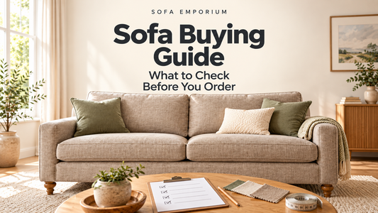 Beige sofa with a checklist, fabric samples and measuring tape beneath the centred heading “Sofa Buying Guide: What to Check Before You Order”.