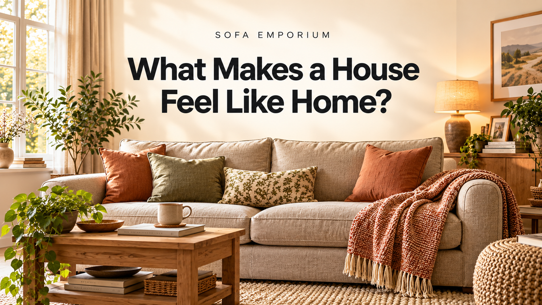 Cosy living room with a beige sofa, green and terracotta cushions, beneath the centred heading “What Makes a House Feel Like Home?”