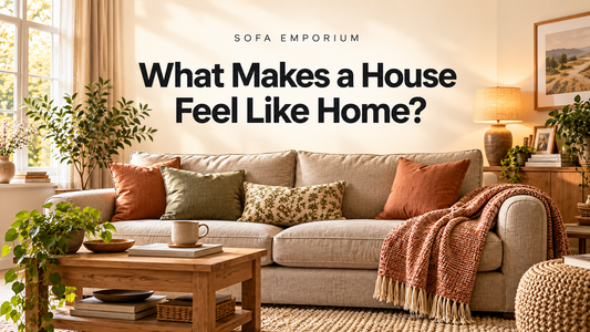 Cosy living room with a beige sofa, green and terracotta cushions, beneath the centred heading “What Makes a House Feel Like Home?”