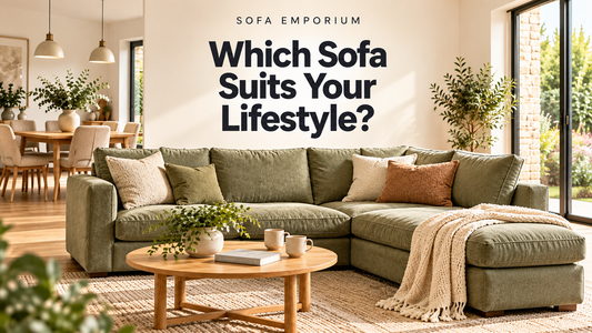 Sage green corner sofa in a bright open-plan living room beneath the centred heading “Which Sofa Suits Your Lifestyle?”