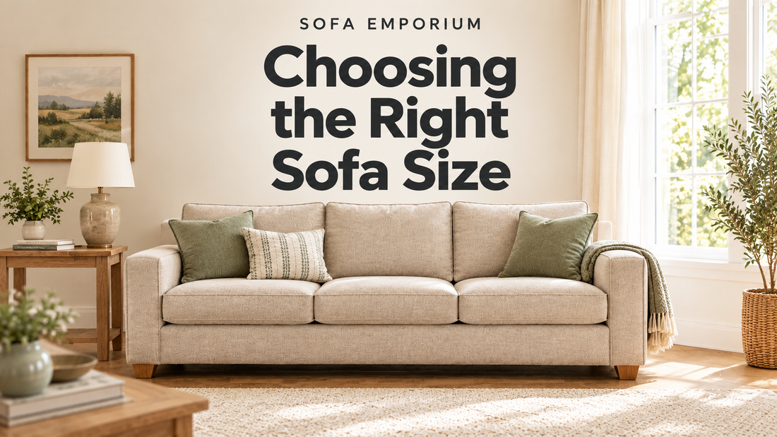 “Choosing the Right Sofa Size – Sofa Emporium. A stylish three-seater beige fabric sofa with green cushions in a bright, modern living room.”
