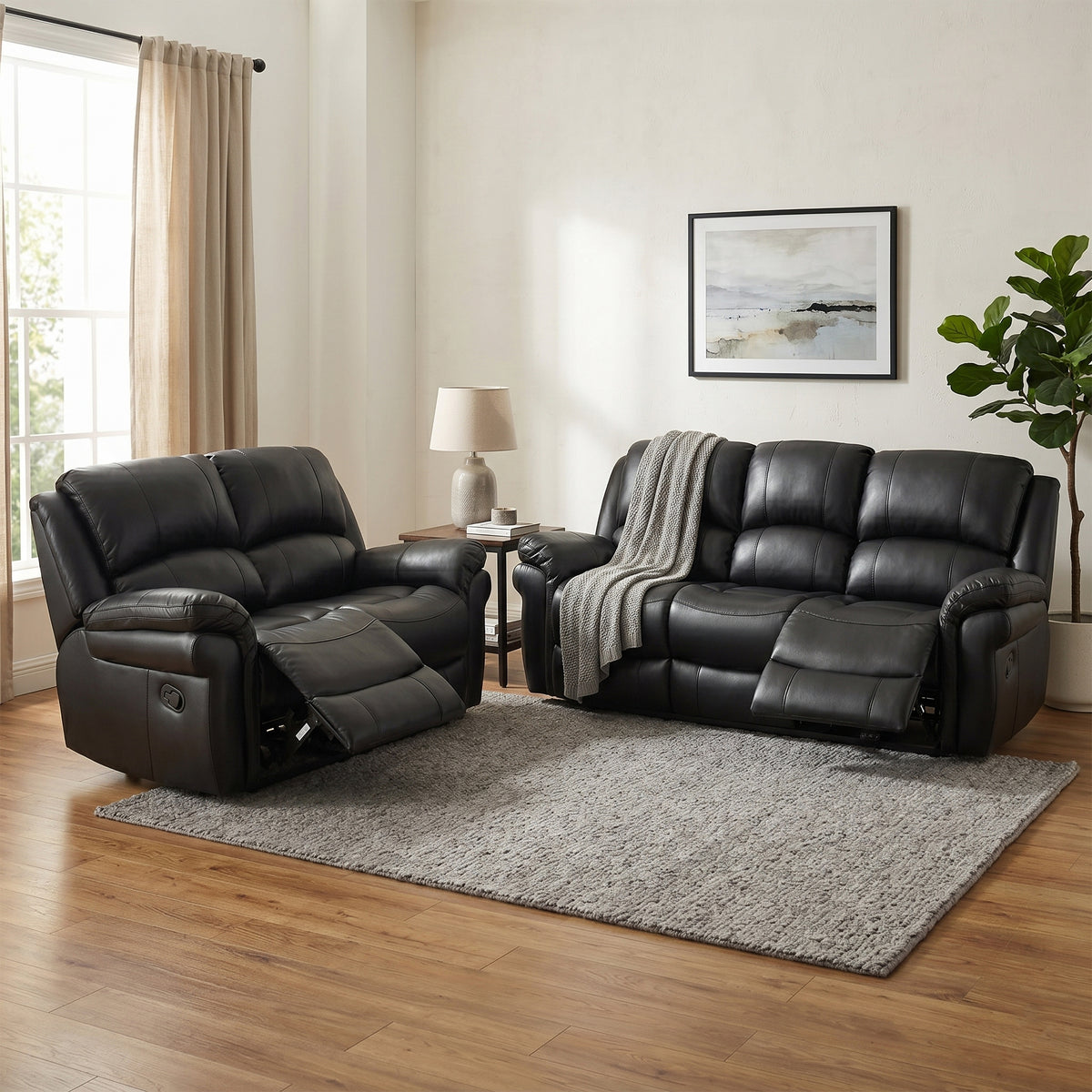 Farnham Leather Air 3+2 Seater Manual Recliner Set In Black