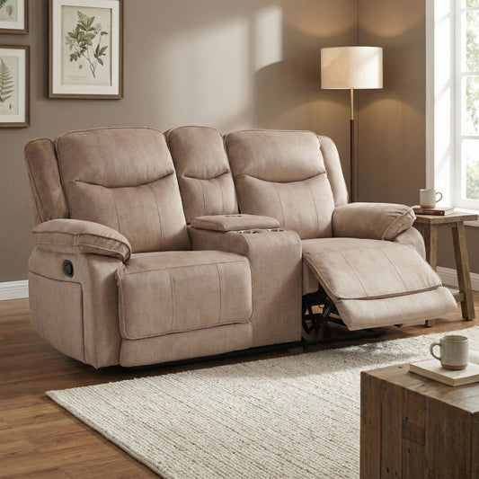 Beige recliner sofa in a living room setting with wooden coffee table and lamp.