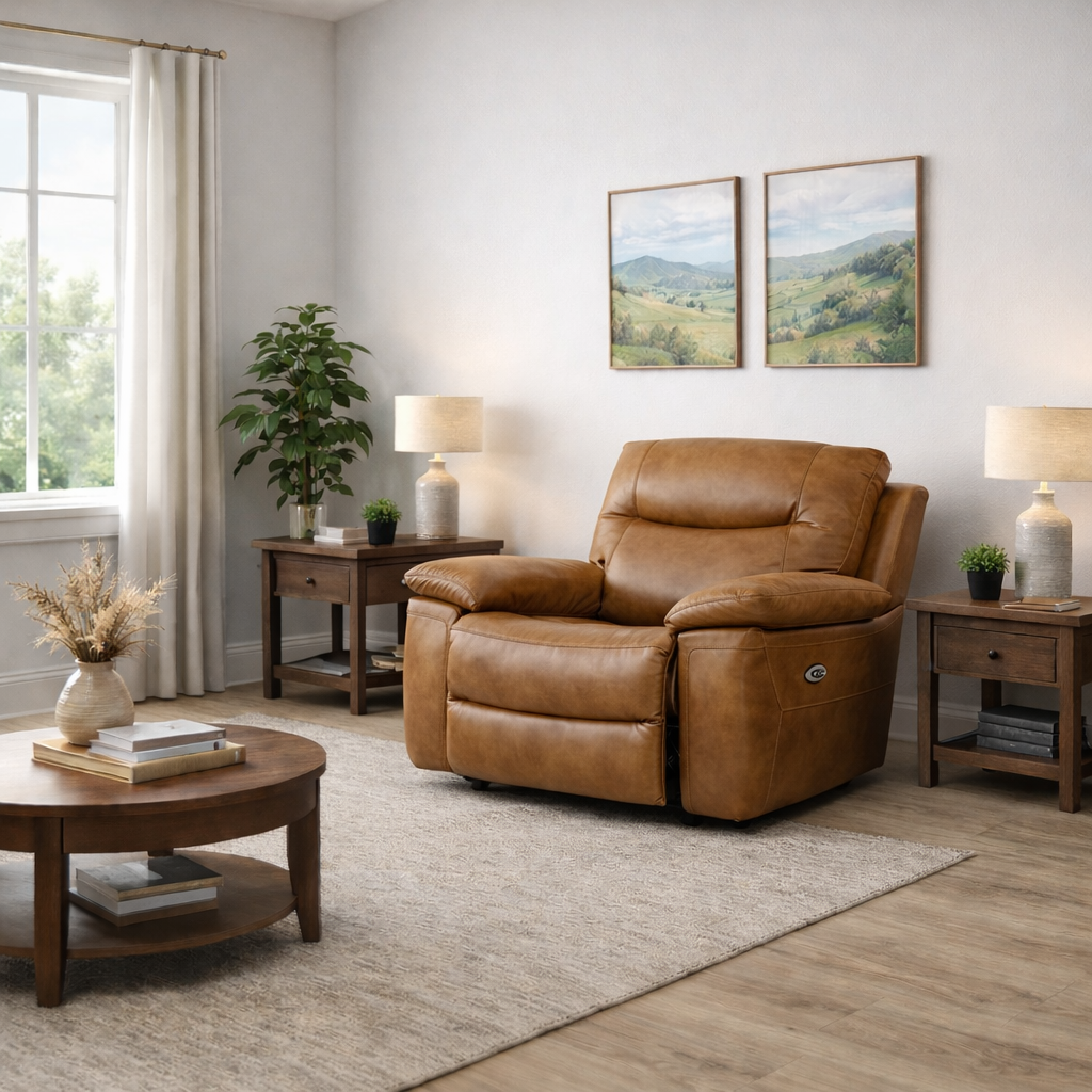 Lucia Leather Power Recliner Arm Chair In Tan