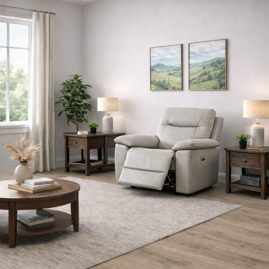 Lucia Leather Power Recliner Arm Chair In Pearl Grey