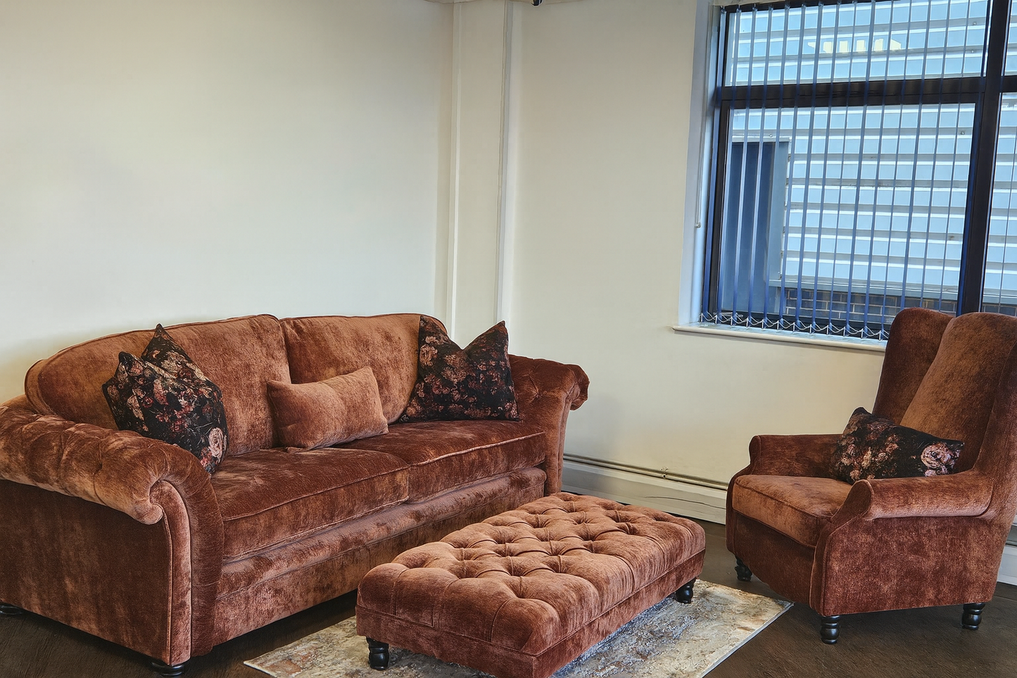 Victoria 4 Seater Sofa + Large Sherwood Accent Chair & Button Bench Footstool In Derwent Rust Set