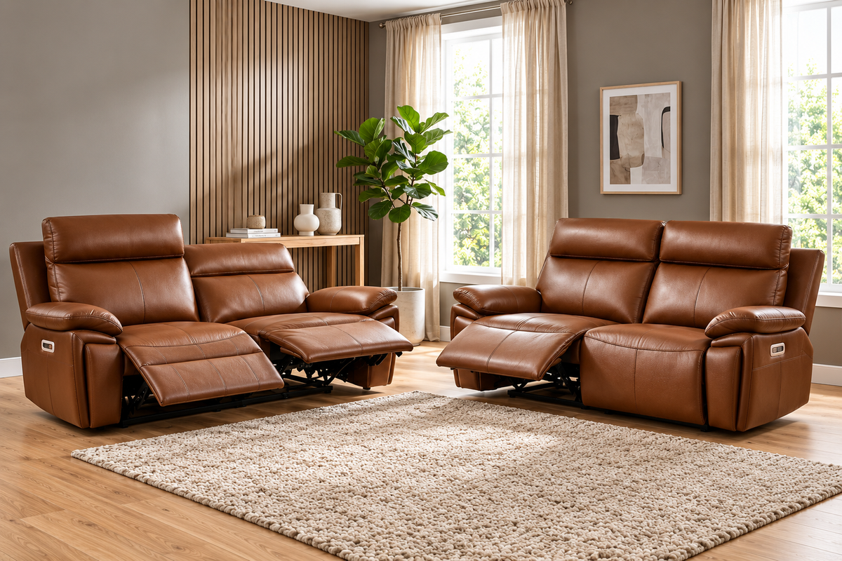 Ashby 3+2 Seater Sofa Set Electric Recliner In Tan