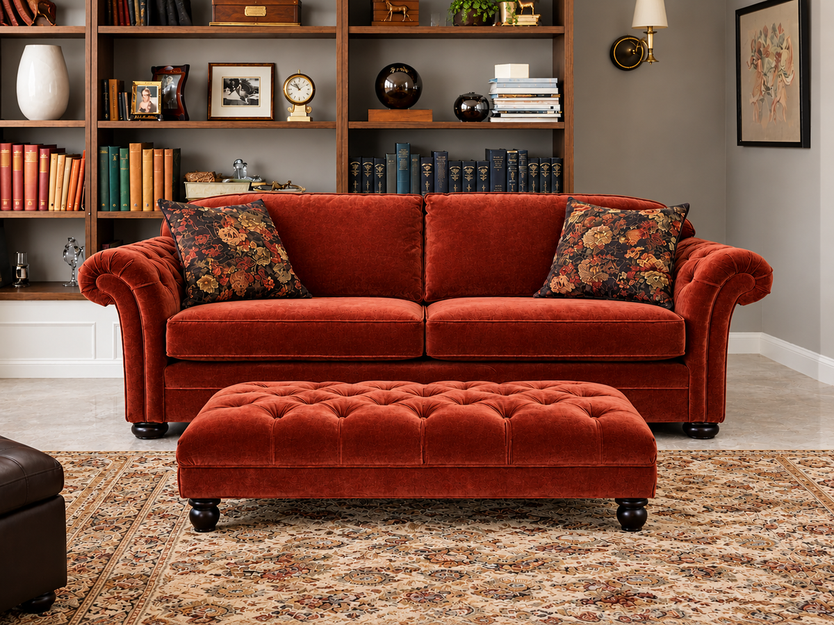 Victoria 4 Seater + Button Footstool Set In Red (Derwent Rust)