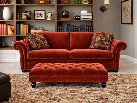 Victoria 4 Seater + Button Footstool Set In Red (Derwent Rust)