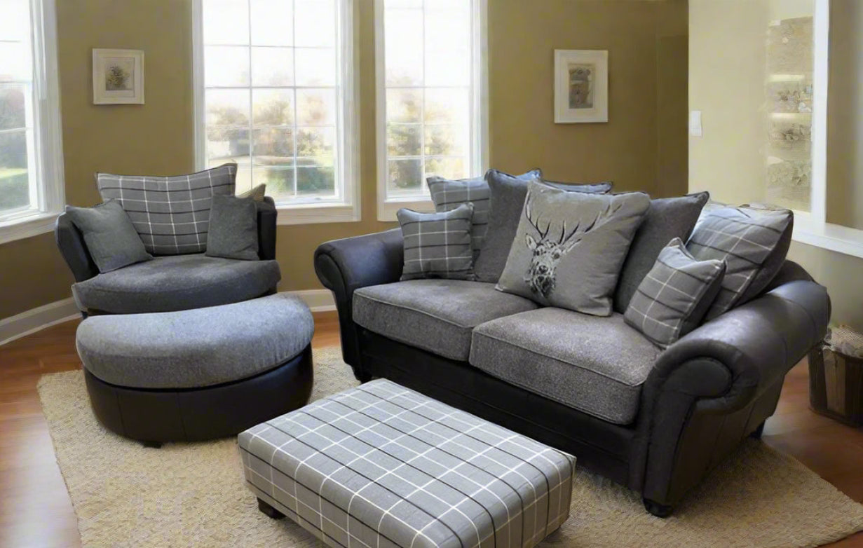 Darwin 3 Seat Pillow Back Sofa With Swivel Chair + Designer Stools Special Offer. - Sofa Emporium
