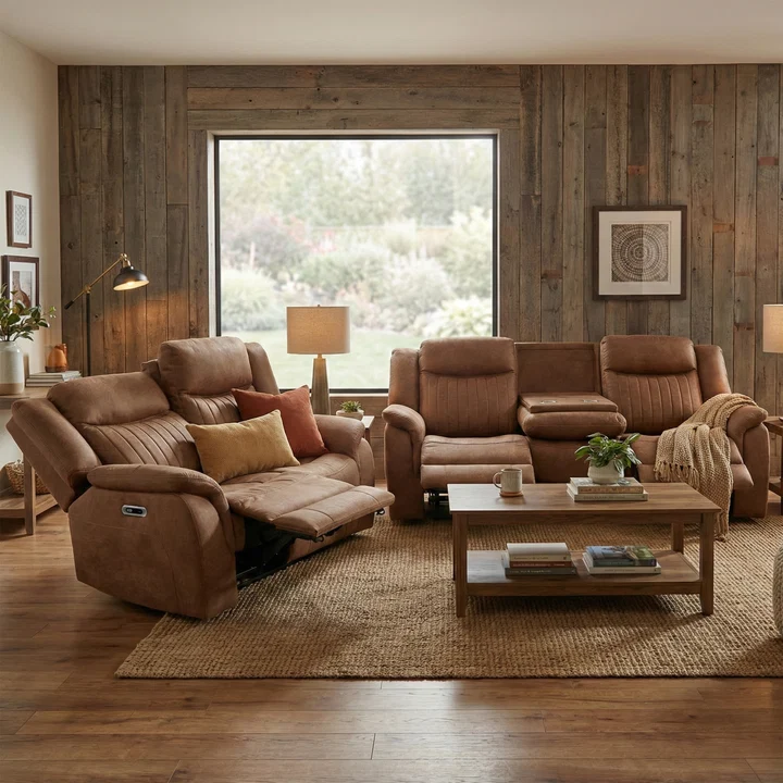 Darlington 3 Seater + 2 Seater Fabric Power Recliner Sofa Set In Tan