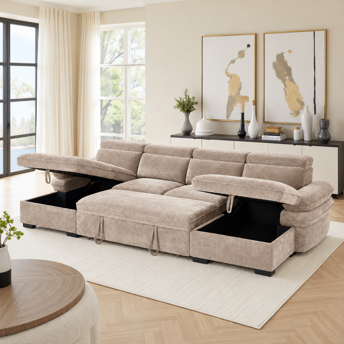 New York U-Shape Sofa Bed in Beige