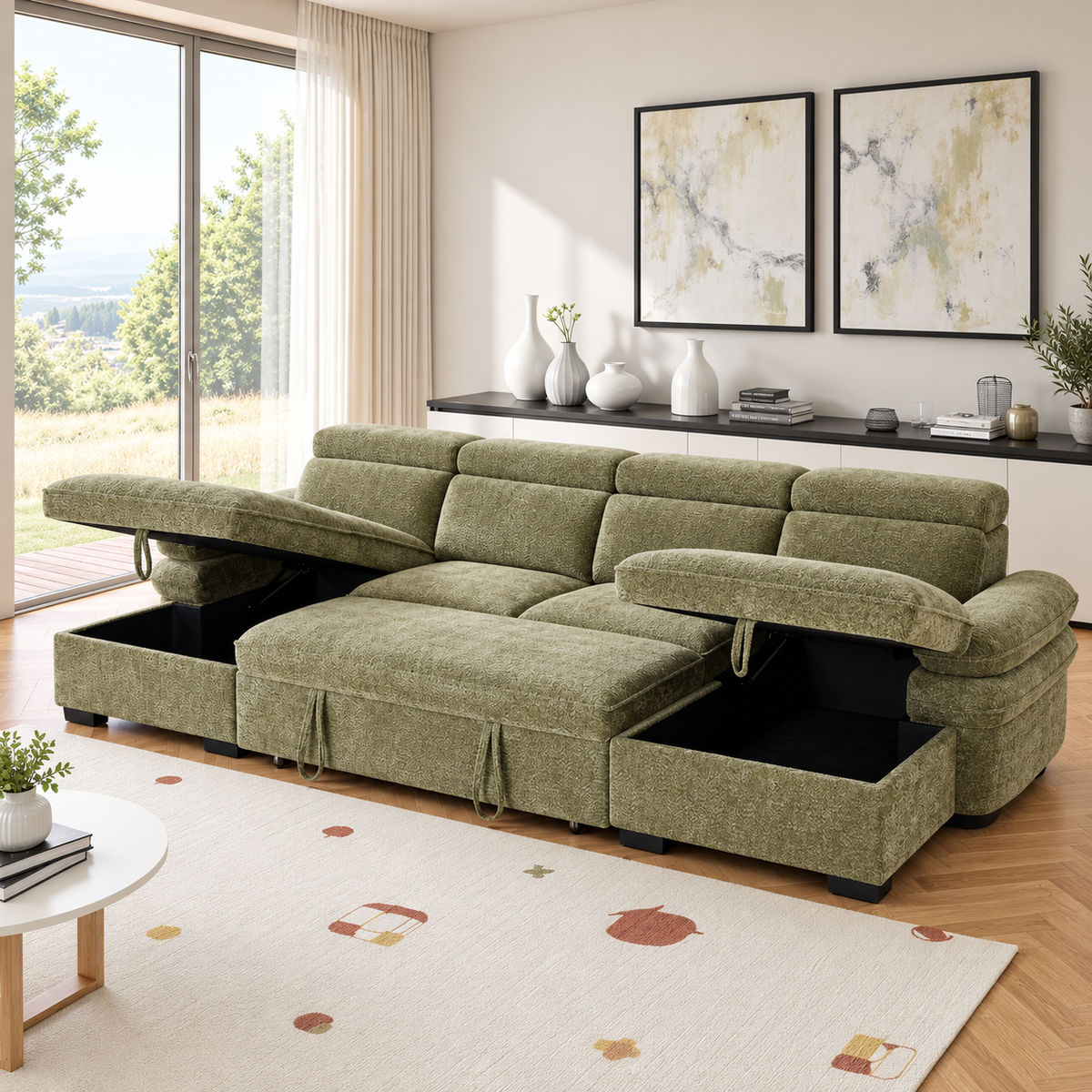New York U-Shape Sofa Bed in Green