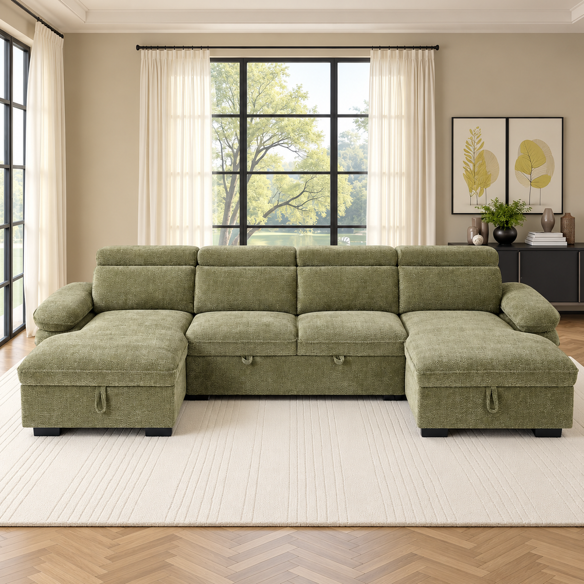 New York U-Shape Sofa Bed in Green