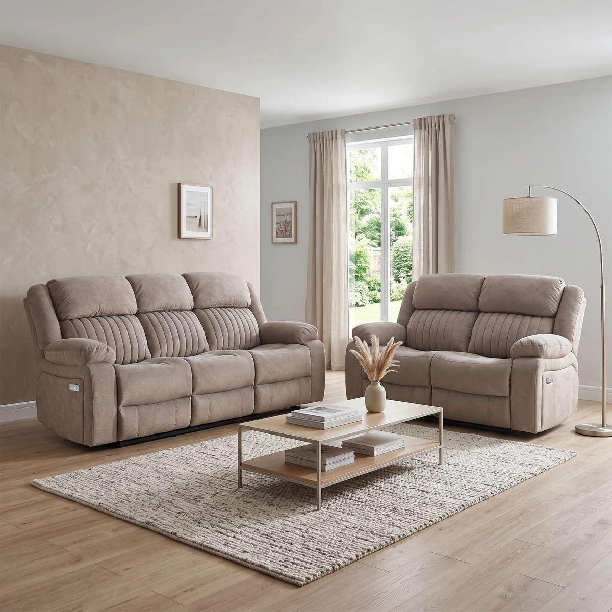 Morgan Fabric 3+2 Seater Electric Recliner In Taupe