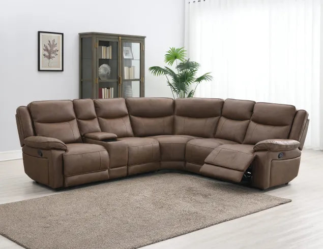 Brown sectional sofa in a living room setting with a rug and decorative items.