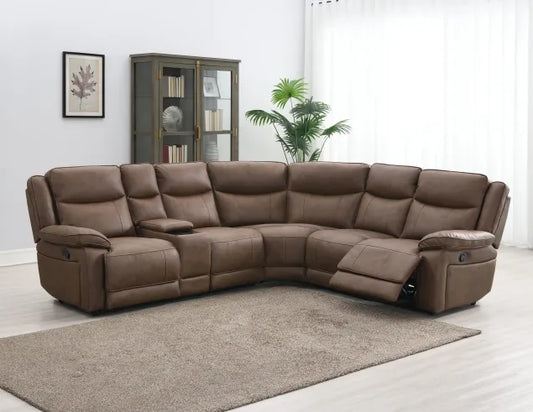 Brown sectional sofa in a living room setting with a rug and decorative items.